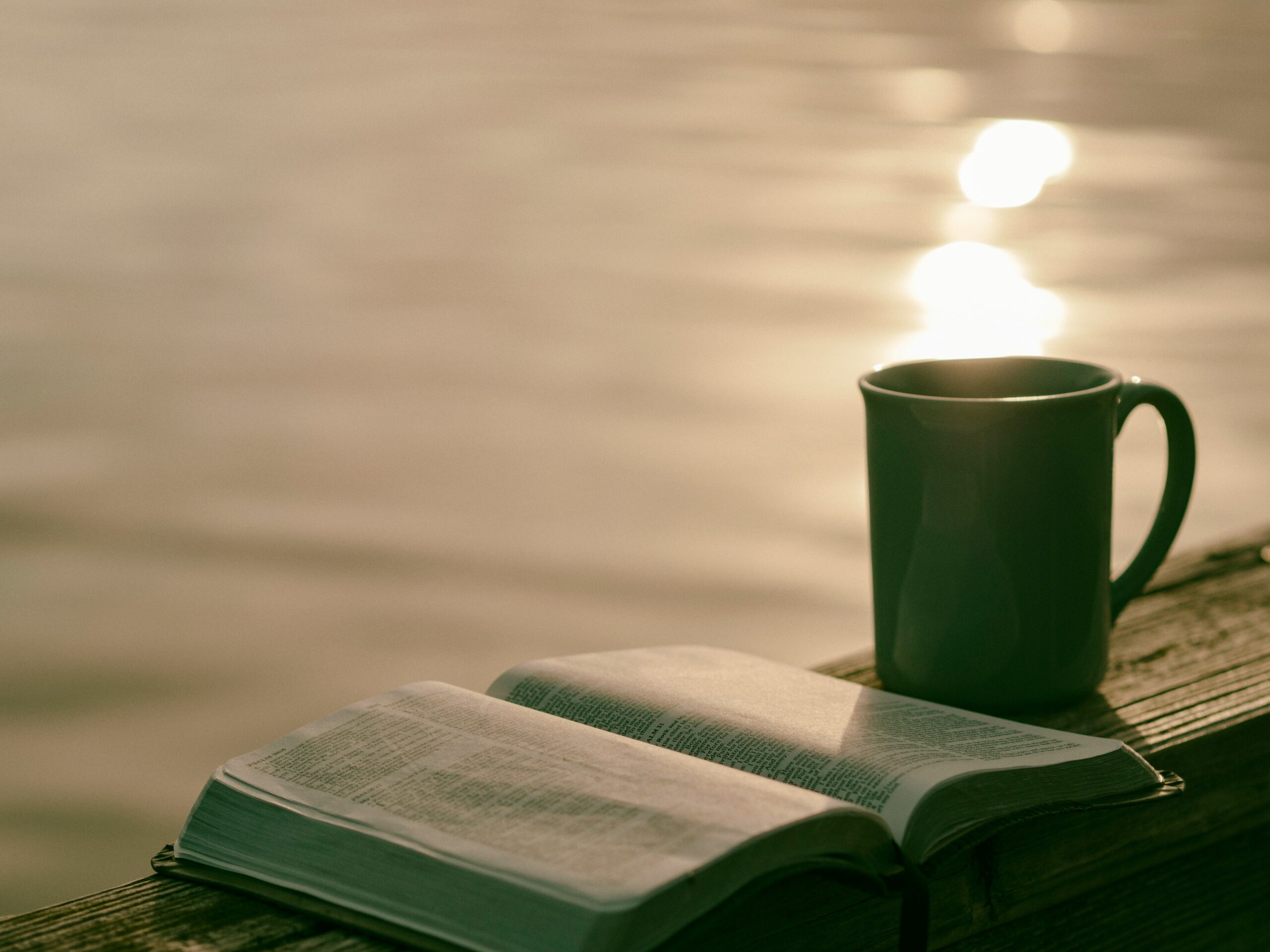 Book and coffee by water